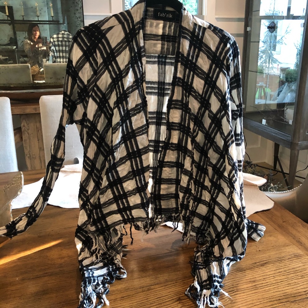 Plaid fringe open jacket